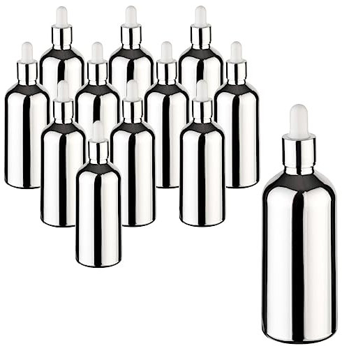 gouveo 12er Set Pipettenflaschen 100 ml aus Glas silberfarben - Leere Apothekerflasche aus Klarglas mit Silberfärbung - Tropfflasche mit Glaspipette für Essenzen, Öle, Parfüm