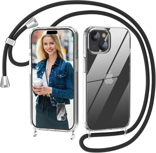 Nupcknn Handykette für iPhone 15 Hülle mit Band,Ultra Dünn Transparent Handyhülle (Abnehmbar Einstellbar) Necklace mit Kordel zum Umhängen Kameraschutz Handy Kette Stossfest Schutzhülle(1.6M,Schwarz)