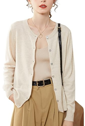 Valin Damen Langarm Kaschmir Strickjacke Rundhals,Beige,42