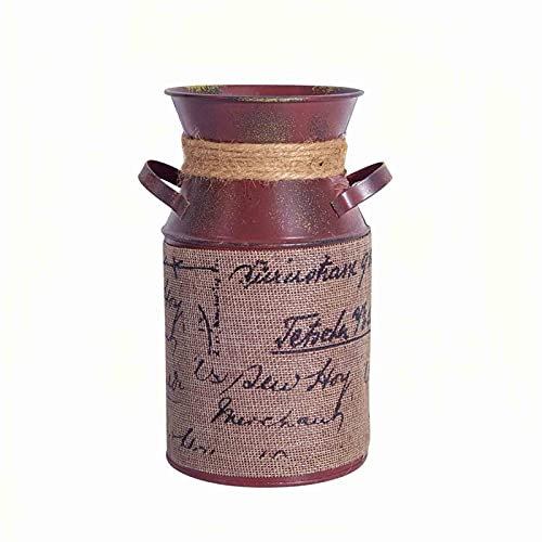 SiMbae Shabby Flower Vase Vintage Milk Jug, Country House Decor Deco Vase Rustic Floral Bucket Metal Bucket Plead Cactus Pot for Garden Living Room Table Decoration/Red Wine,Wine red