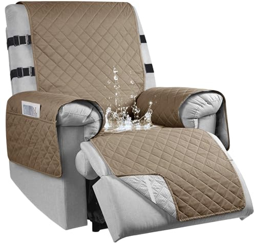 RAPRAP Sesselschoner für Fernsehsessel, 100% Wasserdicht 1 Sitzer Sesselschoner mit 3 Taschen, rutschfest Sesselauflage Relaxsessel mit 2 Verstellbaren Riemen, Waschmaschinenfest, Taupe, S