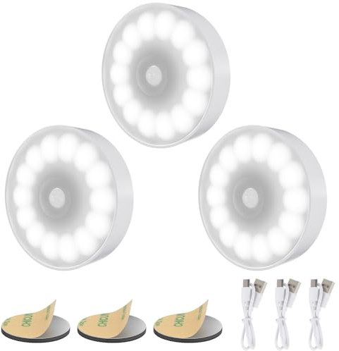 Electight 14 LEDs 3 Pack Sensor de Movimiento para Interiores, Blanco | Luz Inalámbrica Nocturna Recargable por USB, 3 Modos, Adsorción Magnética, para Dormitorio, Armarios, Pasillo, Escaleras