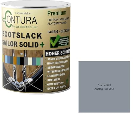 Contura Bootslack Farbig SEIDENMATT Yacht- Buntlack Metall Holz GFK Holzlack Boot Farblos (Grau Mittel - RAL 7001 Analog, 500ml.)