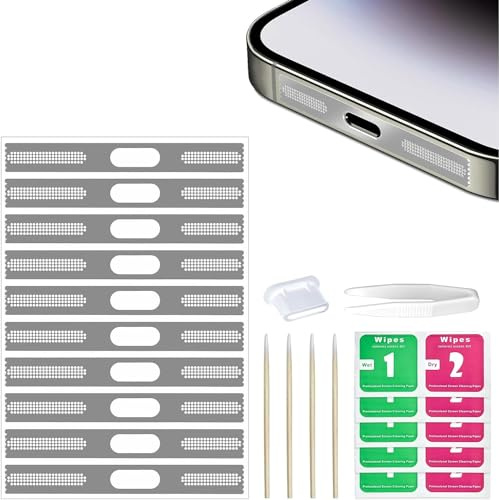 Jemey Kit de 21 calcomanías protectoras a prueba de polvo compatibles con iPhone 15 Pro Max, actualizaciones de teléfono móvil, altavoz de malla, cubierta adhesiva antipolvo con tapón antipolvo USB C