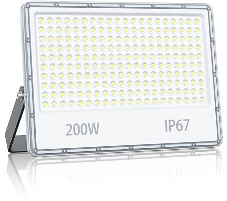 YIQIBRO LED Security Lighting Floodlight 200W - 20000LM IP67 Waterproof Outdoor Flood Lights Mains Powered, 7000K Cold White Outside Lights Mains Powered for Garden, Patio, Yard(1 Pack)