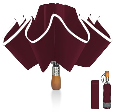 Pioggistar Parapluie inversé, Parapluie Pliant Automatique 10 Baleines pour Homme et Femme, Manche en Bois, Anti Vent, Anti Tempete, Diamètre 105 cm, Rouge