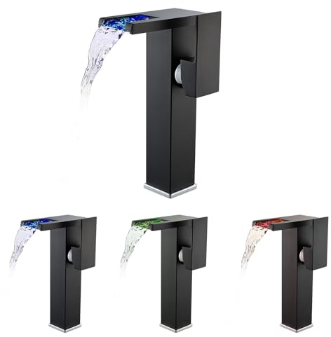 Schwarz Wasserhahn Bad LED(keine Batterie nötig), KEOKBON Hoch Wasserfall Waschtischarmatur Waschbecken Armaturen mit 226 MM Auslaufhöh, Einhebelmischer Mischbatterie für Bad, G3/8'' Anschlüsse