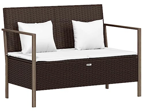 Makastle Sitzbank für Balkon und Garten, Gartenbank Kissenbox mit Stauraum, Sitzbank aus PE-Rattan für 2 Personen, Truhenbank mit Rücklehne & Armlehne, 112 x 59 x 82,5 cm