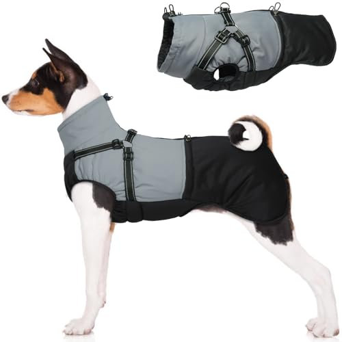 MHaustlie XL Warme Hundemäntel und Jacken für Haustiere, Hund Wintermantel mit Hundegeschirr fleecegefütterter Hundemantel reflektierender Extremwettermantel mit verstellbarem Brustgurt (Schwarz, XL)