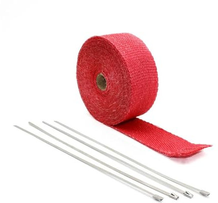 Enveloppe D'échappement Chaîne de tuyau d'échappement de 10 mètres, enveloppe thermique en fibre de verre, chaîne isolante d'échappement, chaîne d'en-tête + 4 attaches Echappement Ruban Ruban(Red)