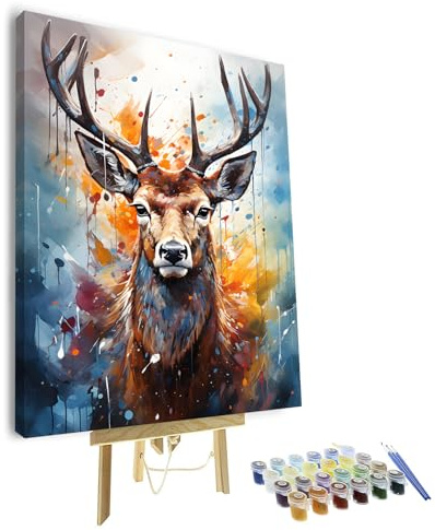TISHIRON Hirsch Ölgemälde Malen nach Zahlen für Erwachsene Anfänger, Hirschkopf mit Geweih Tier Malen nach Zahlen Set mit Pinseln für Wanddeko Zuhause (40x50 cm) mit Rahmen