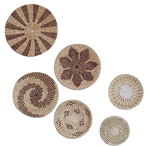 6 Stück Boho-Wandkorb-Set, Hängender Gewebte Wandkorb Dekoration, Seegras Wanddekoration, Rustikale Runde Wandkunst Serviertablett für Bauernhaus, Schlafzimmer, Wohnzimmer, Ausstellungstisch, Küche