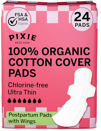 Pixie Ultra-Dünne Extra Lange Overnight Bio-Baumwollbinden für Frauen – Maximale Saugkraft mit Flügeln – Auslaufsicher, Hypoallergen & Unparfümiert – 24 Stück