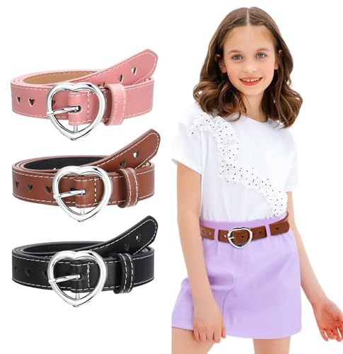 THXFUNAREA 3 Pezzi Cintura Ragazze, Bambino 10 Anni, Fibbia a Forma di Cuore, Regolabile in Pelle per Jeans, Vestiti, Pantaloni