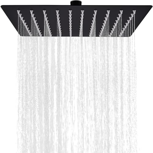 12 Inch Square Rainfall Shower Head, Black Stainless Steel Anti-Rust Fixed Waterfall Shower Head, Waterfall Full Body Coverage High Pressure Rain showerhead with 144 Jets