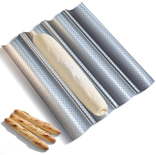 RUHUHUR 38x33CM Baguette Baking Tray French Bread Pan for 4 Baguettes with Non-Stick Coating,Silver Grooves Waves French Thickened Perforated Multi Slot Pan for Oven Baking Baguette Mould Accessories