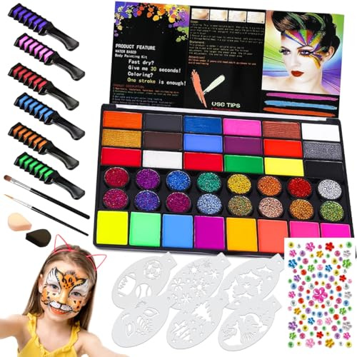 42 Colori Truccabimbi,Face Body Painting Colori Kit,6 Colori Gesso per Capelli,2 Pennelli Trucco,6Stampini,Trucchi Bambina,Trucca Bimbi,Ideale per Halloween,Natale,Carnevale,Feste,Compleanni e Cosplay