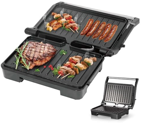 Griglia elettrica per bistecche, 1000 W, doppia piastra con superficie antiaderente, reversibile a 180° per grigliare, preparare waffle e panini, griglia da interno con vassoio raccogligocce rimovibil