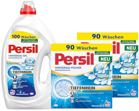 PERSIL Universal Pulver Morgenfrische 90 WL (2 x 4,95kg) + PERSIL Universal Kraft-Gel Morgenfrische 100 WL 4,5 L – Waschmittel Set für extra saubere & frisch duftende Wäsche