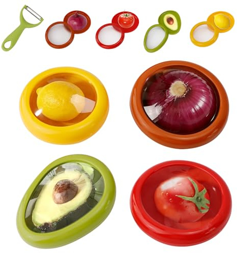 WRENYZK 4Pcs Fruit and Vegetable Storage Containers Reusable | Anti-oxidations Food Savers with Peeler for Fridge, Onion Storage Container, Avocado Keeper, Lemon Holder
