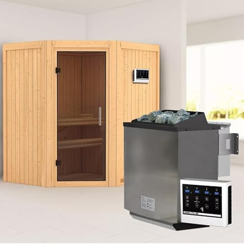 Sauna d'Angle Traditionnel Karibu Taurin | 2-3 Places, Poêle 9 kW, Bois Massif 68mm | Porte Vitrée Graphite, Banquettes en Tremble | 170x151x198cm | Montage Facile