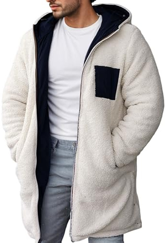 MaNMaNing Giacca Reversibile In Pile Con Cappuccio, E Con Le Cappotto Uomo Giacche Uomo Eleganti Cappotto Lana Parka Invernale Lungo Giacca Casual Trench Impermeabile
