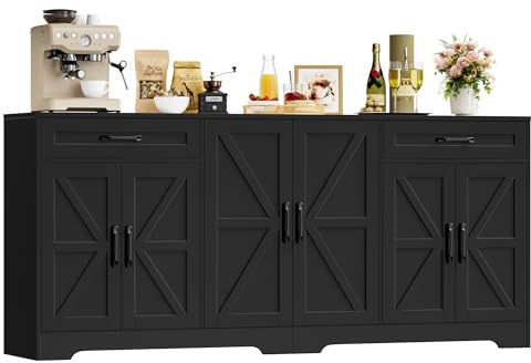 HOCSOK Credenza Cucina, 180 cm Madia Cucina con 8 Scomparti Portaoggetti, Credenza Soggiorno con 2 Cassetti 6 Ante per Sala da Pranzo, Mobile TV, 180×87×34, Nero