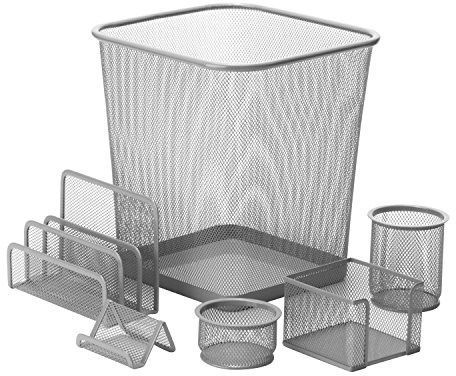 Honey-Can-Do OFC-06206 Sechsteiliges Schreibtischset aus Stahlgeflecht, Silber, Metall, Silver, 27.508200000000002 x 27.508200000000002 x 31.496000000000002 cm