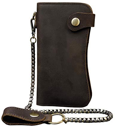 LUUFAN Echtes Leder Lange Brieftasche mit Reißverschluss Tasche Vintage Bifold Scheckheft Geldbörse(Chain Wallet)