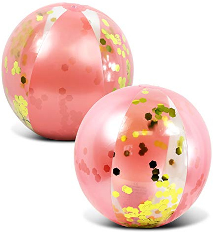 POZA Inflatable Beach Balls Rose Gold Set of 2 - Elegant Rose Gold Confetti Premium Floaters, Heavy Duty Vinyl Floatation Pool Toys for Pool Beach Party, UV Resistant Pool Decor - 16 Inches - 2 Pack