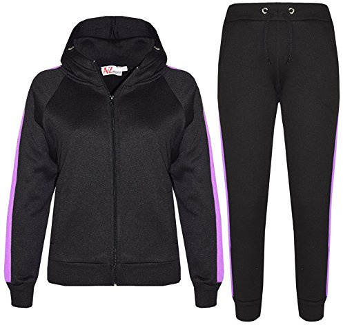 A2Z 4 Kids Girls Boys Tracksuit Plain Zipped Hooded Sweatshirt Top Bottoms Gym Jogging - T.S 102 Black Lilac 11-12