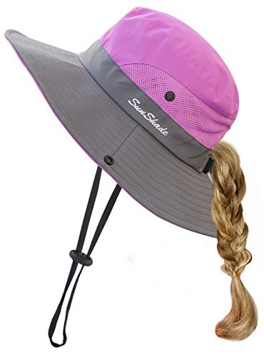 HGGE Sonnenhut für Kinder, Mädchen, UV-Schutz, breite Krempe, Strandkappe mit Pferdeschwanz-Loch, Lila, Einheitsgröße