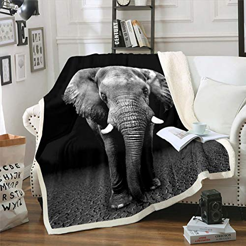 Loussiesd Couverture en Peluche éléphant 3D avec imprimé d'éléphant Sherpa pour Enfants, garçons et Adultes, Couverture Polaire Douce et pelucheuse pour canapé, lit Simple, 127 x 152 cm, Noir