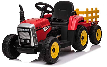Elektrischer Traktor Workers mit Anhänger, Rot, Hinterradantrieb, Lithium-Akku, Rädern, breitem Sitz, 2,4-GHz-Fernbedienung, MP3-Player mit Bluetooth und SD-Eingang, LED-Leuchten