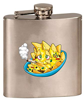 Pot Smoking Pals Warm Ooey Gooey Melty Nacho Cheese Covered Tortilla Chips - 3D Color Printed 6 oz. Stainless Steel Flask (Steel Silver)