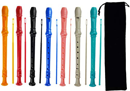 Kasteco 7 Pack German Style 8 Hole-3 Piece Descant Soprano Recorders with Cleaning Rod, Black Storage Bag, ABS Material (7 Colors)