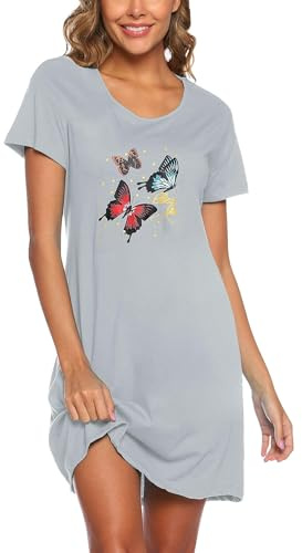 ENJOYNIGHT - Camicia da notte da donna, estiva, in cotone, a maniche corte, con stampa, T-shirt, per dormire, notte, per donne, biancheria intima notturna, abito da notte, Farfalla blu, XXL