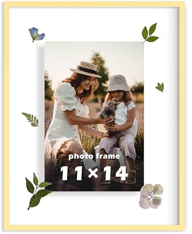 FrameWorks 11”x14” Deluxe Brass Gold Aluminum Contemporary Style Floating Picture Frame with Tempered Glass