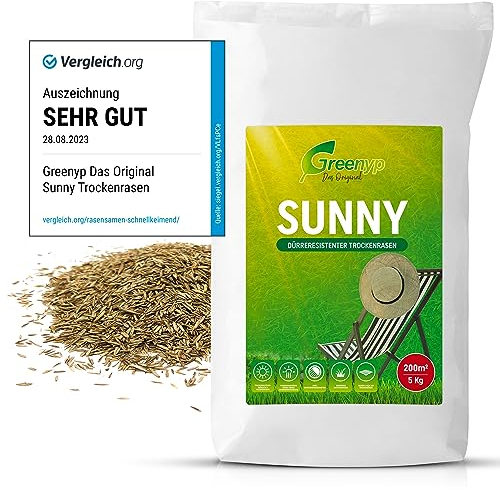 Greenyp® Sunny I dürreresistenter Trockenrasen I 5kg für 200m² I Grassamen Rasensamen Rasensaat Gras Nachsaat schnellkeimend