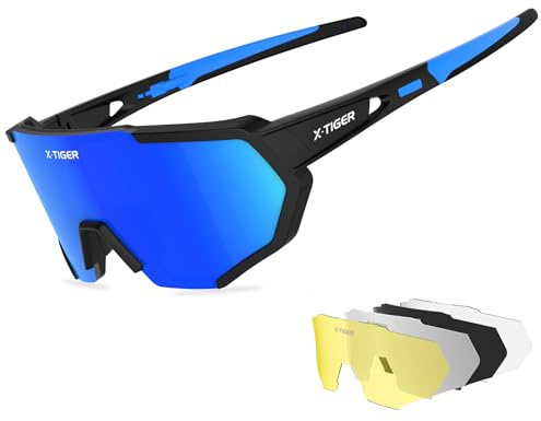 X-TIGER Fahrradbrille, Herren Damen Sportbrille, UV400 mit 5 Wechselgläser | Robuster TR90 Rahmen, mit montierbarem Brillenband & Ohrhaken Sonnenbrille Outdoor/Radfahren/Laufen/Autofahren/Angeln/Golf