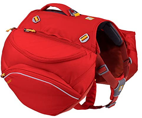RUFFWEAR Palisades Hunderucksack, Rucksack, Aufbewahrungstasche und Satteltaschen, tragbarer Geschirrsack mit Taschen und Leinenbefestigungspunkt für Wandern und Camping, Red Sumac, Medium
