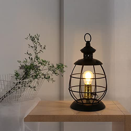 SUNLLOK Vintage Holzlaternen Tischlampe für Wohnzimmer, Industrielle 12-Zoll Anti Rustikal Nachtlese Schreibtischlampe – Hurricane Nachttischlampe für den Flur im Freien, Veranda, Terrasse (Schwarz)