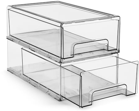 Sorbus Medium Clear Storage Drawers (2 Pack) – Stackable Organizer Drawers for Fridge, Pantry, Kitchen – Pull-Out Storage Bins with Handles, Slide Out Acrylic Drawers