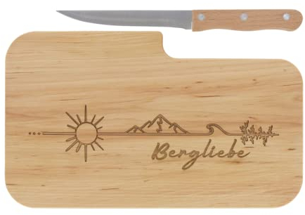 LASERHELD | Brotzeitbrett Holz mit Gravur “Berg-Liebe” & Messer | 26 x 15 cm | Frühstücksbrettchen Holz Schneidebrett Jausenbrett | Geschenk für Wanderer und Bergfreunde zum Vatertag