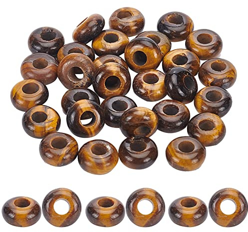 NBEADS 30 Stück europäische Edelsteine, 10 mm natürliches Tigerauge, Stein, 4 mm, großes Loch, Dreadlock-Perlen, lose Scheibe, Abstandshalter, Haarperlen, für Charm-Armbänder, Schmuckherstellung
