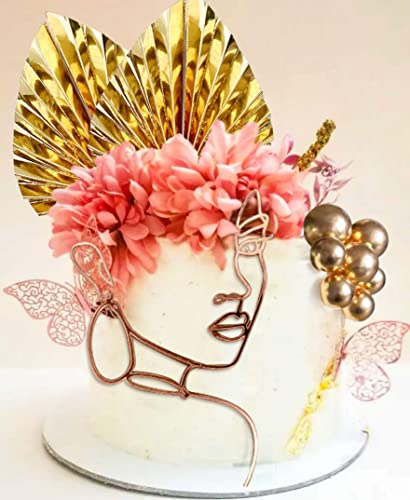 JeVenis Acryl Minimalistische Kunst Dame Kuchen Deko Rose Blume Tortendekoration Lady Face Cake Deko Queen Hochzeit Geburtstag Party (Gold 1)