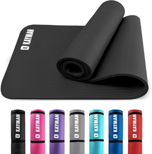 KAYMAN Exercise Yoga Mat Non Slip - Black, 183 x 60 cm, Best Training & Workout Mats for Yoga, Pilates, Gymnastics, Stretching & Meditation, Eco Friendly Exercise Mat for Home with Carrying Straps