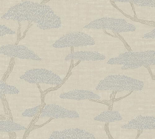 Carta da parati orientale Profhome 387411-GU Carta da parati TNT goffrata a caldo leggermente strutturata con pattern orientale opaca beige azzurro grigio-brunastro 5,33 m2
