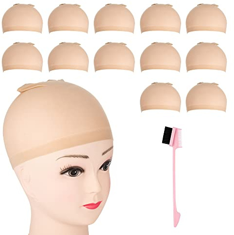 12 Stück Perückenkappe Set, Damen Nylon Hair Wig Cap Haarnetz Perücke Kappen für Cosplay, Unterziehhaube Atmungsaktive Dehnbare Perückennetz, Hellbraun Netz Perückenkappen mit Doppelkanten Bürste Kämm
