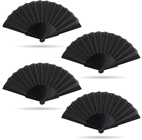 Grantop 4 Pcs Black Folding Hand Fan Set, Silk Fabric Plastic Ribs Handheld Fan, Folding Chinese Fan for Wedding Christmas Party Prom Festival DIY Home Decorations (4Pcs, Black)